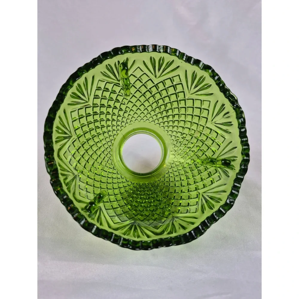 Vintage Green Pressed Glass Fairy Lamp Base Diamond Quilt Candle Holder 3.5 In